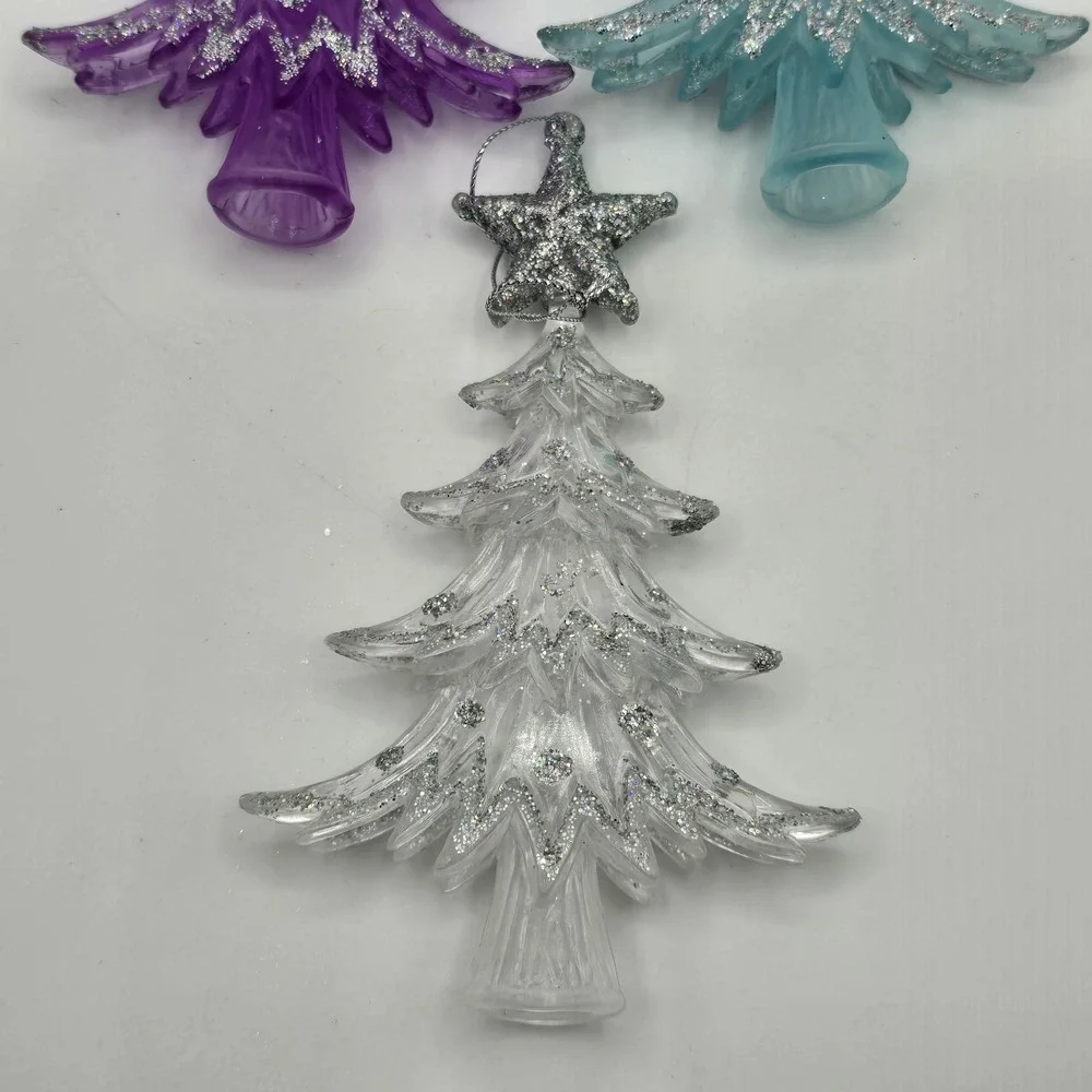 Lot Of 3 Plastic Christmas Tree Hanging Ornament Blue‎ Purple White Glittered